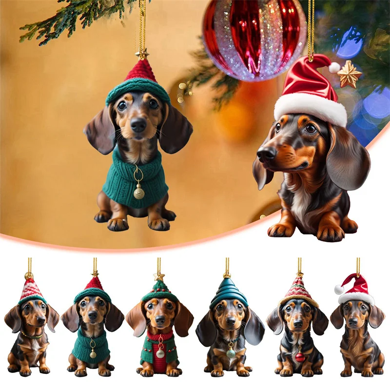 1PC acrylic dachshund Christmas decorations, flat bike puppy ornaments, car mirrors, key chains, home decorations, holiday party