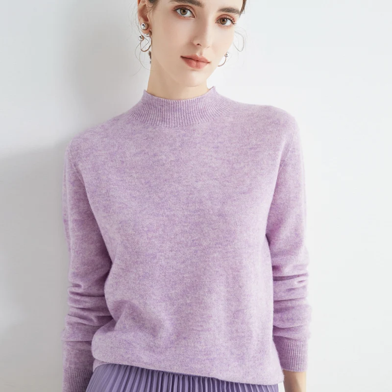 Suéter de caxemira feminino, lã 100% pura, pulôver meio pescoço, tops de malha, jaqueta casual, moda coreana, outono, inverno