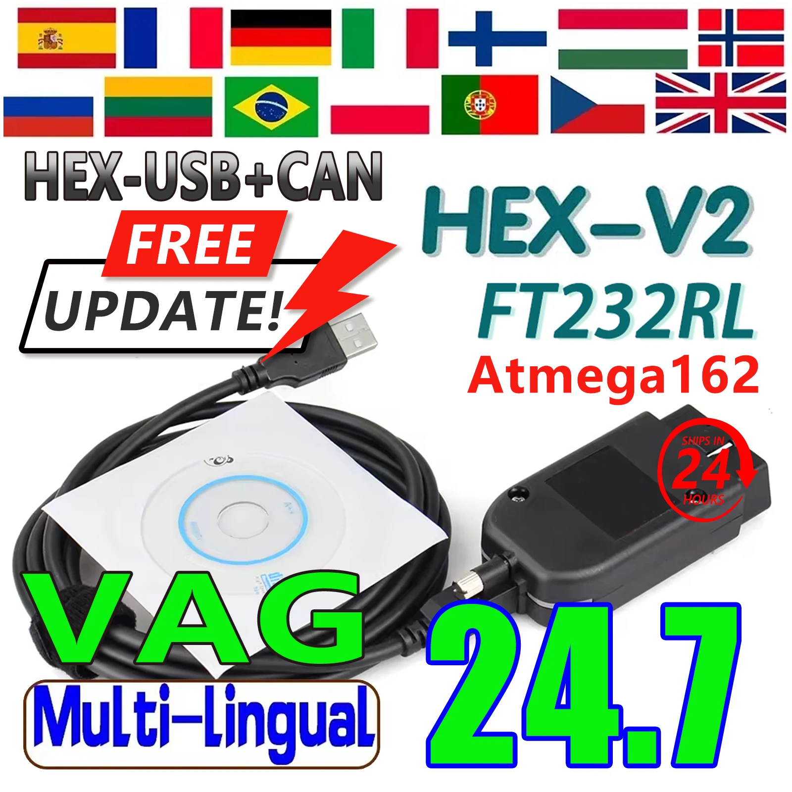 

New VCDScan VAGCOM Update V24.7 Unlimits ATMEGA162 VINs Online VAG HEX V2 ATMEGA162 USB Interface For Car Coding Diagnostic Tool