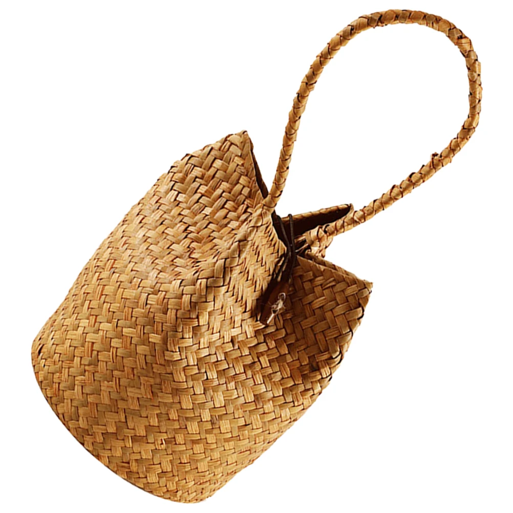 

1pcs Retro Handmade Souvenir Tote Bag Gift Packaging Woven Seaweed Reusable Beach Straw Basket Light Brown for Wedding Party
