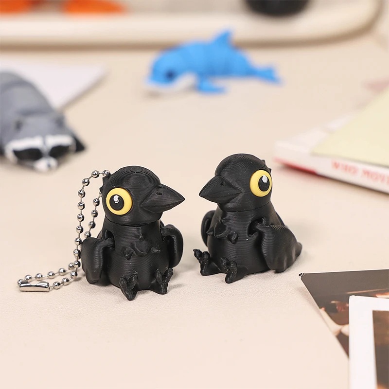 3D Printed Movable Wing Crow Figurine Toy Cute Articulated Black Bird Home Desk Decor Gift