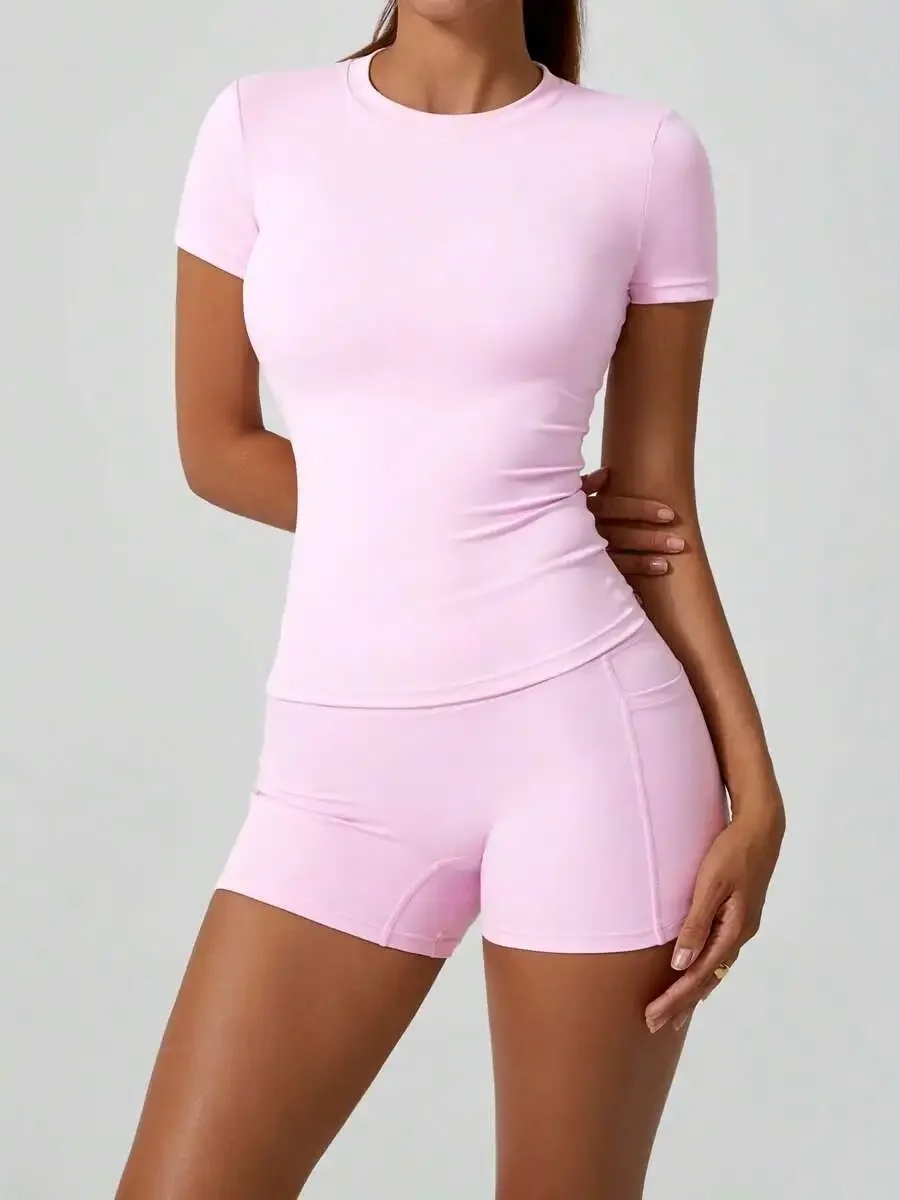 Women's Sweet Sports Short Sleeve High Waist Tummy Control Butt Lifting Shorts Set