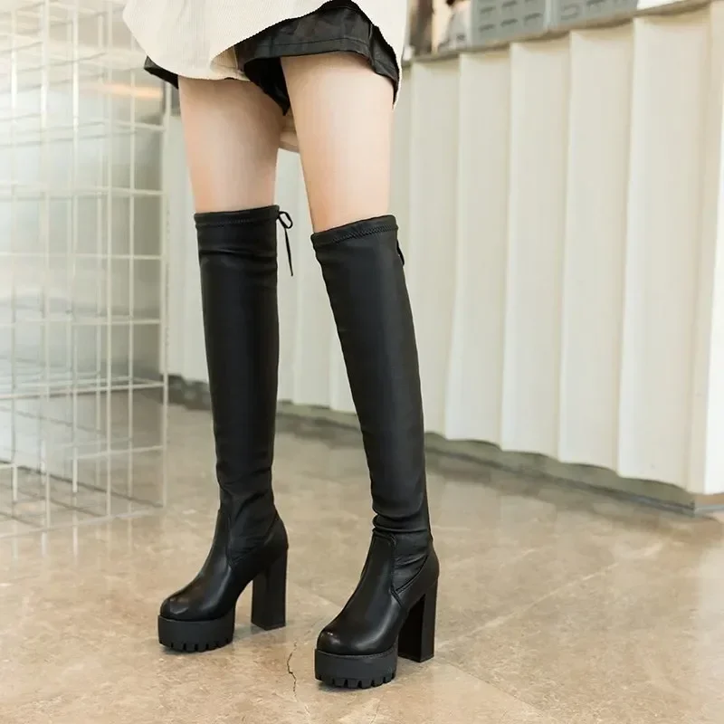 2024Winter Sexy Boots Tight Knight Suede Round Toe Combat for Women Warm Slip on Over The Knee Botines De Mujer Black Long Botas