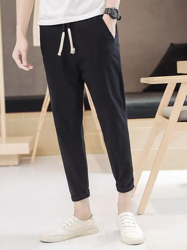

Men's Summer Thin Casual Cotton Linen Harlan Pants Loose Fit Nine-Tenths Elastic Waist Youthful Sle Small Footwear