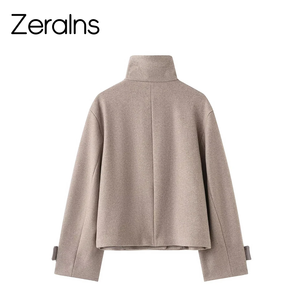 ZERAINS Winter new women's fashion breasted stand up collar long sleeved windproof short windbreaker jacket jacket