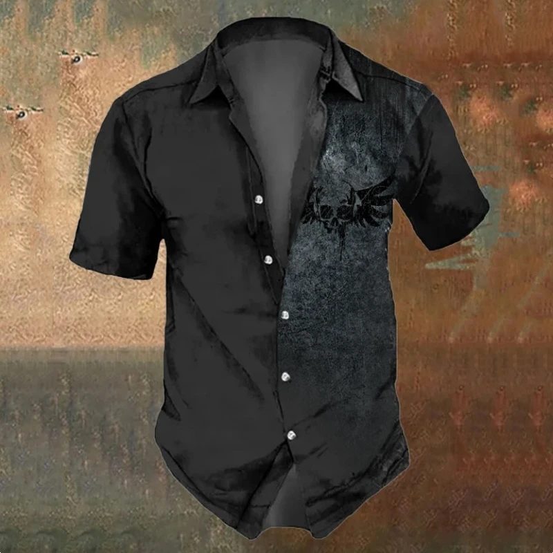 Summer Men\'s Skull Shirts Casual Short Sleeve Shirt For Men Black White Printed Men\'s Clothing Loose Oversized Lapel Shirts Top