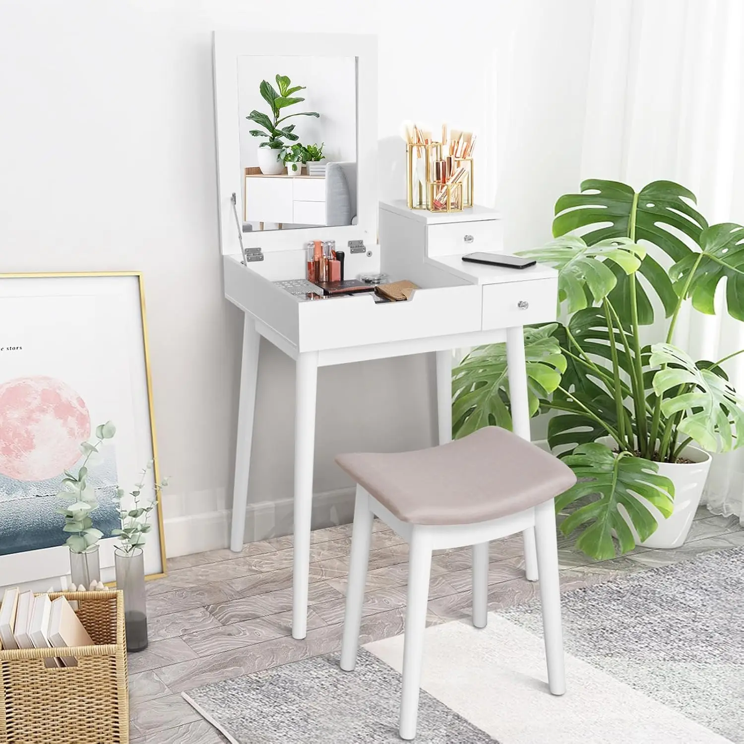 طقم طاولة زينة بيضاء مع مرآة، سطح قابل للطي، درجين، مقعد مبطن، منظم تخزين كبير لغرفة النوم أو الحمام #1