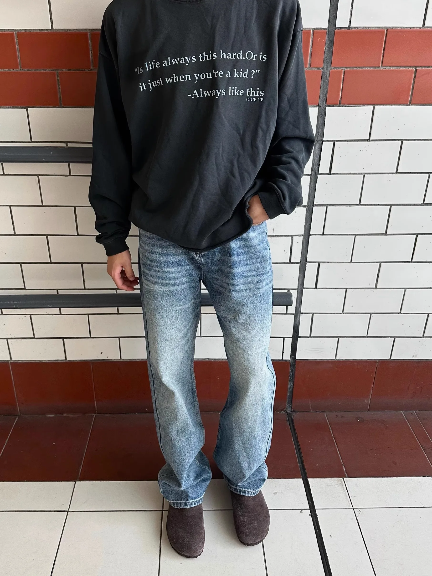 

Cleanfit American High Street Blue Waed Men's Jeans Straight Leg Micro Flared Slimming Long Trousers Trendy Faion