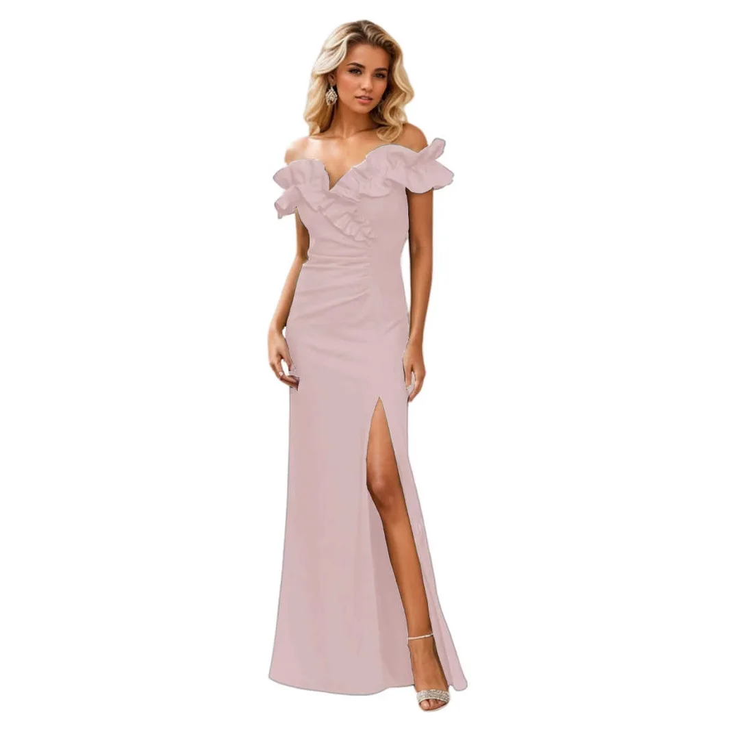 

European and American Evening Dress Sexy off-the-Shoulder Ruffled Waist High Slit Long Fishtail