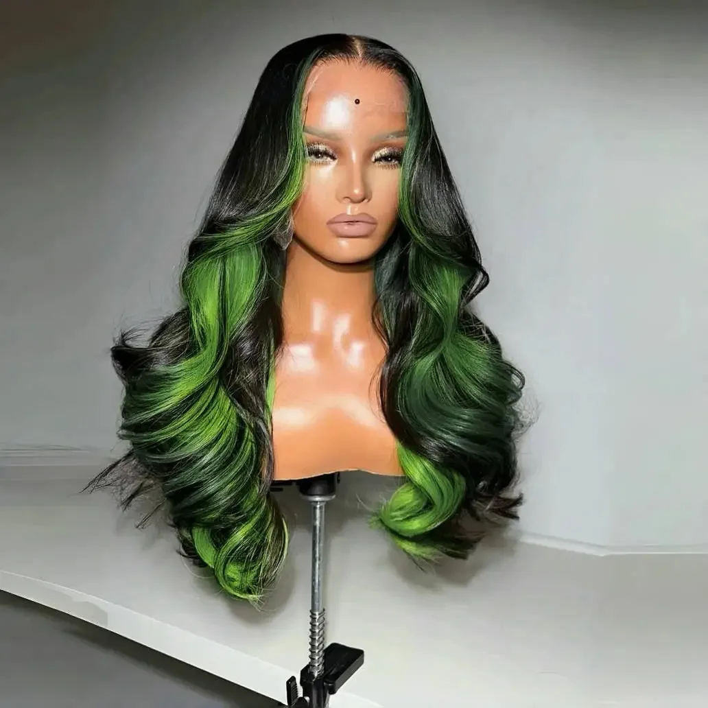 

Синтетический парик с длинными волнистыми волосами 13x4, с эффектом омбре (черный с зелеными прядями), без клея, с предварительно выщипанной линией роста волос, для косплея