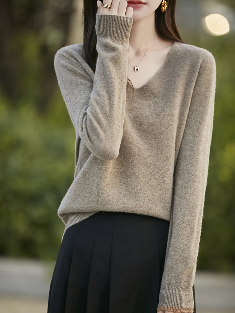 Fashion Basic  Women Merino Wool Sweater  Cashmere Pullover V-Neck Knitwear Slim Solid Collar