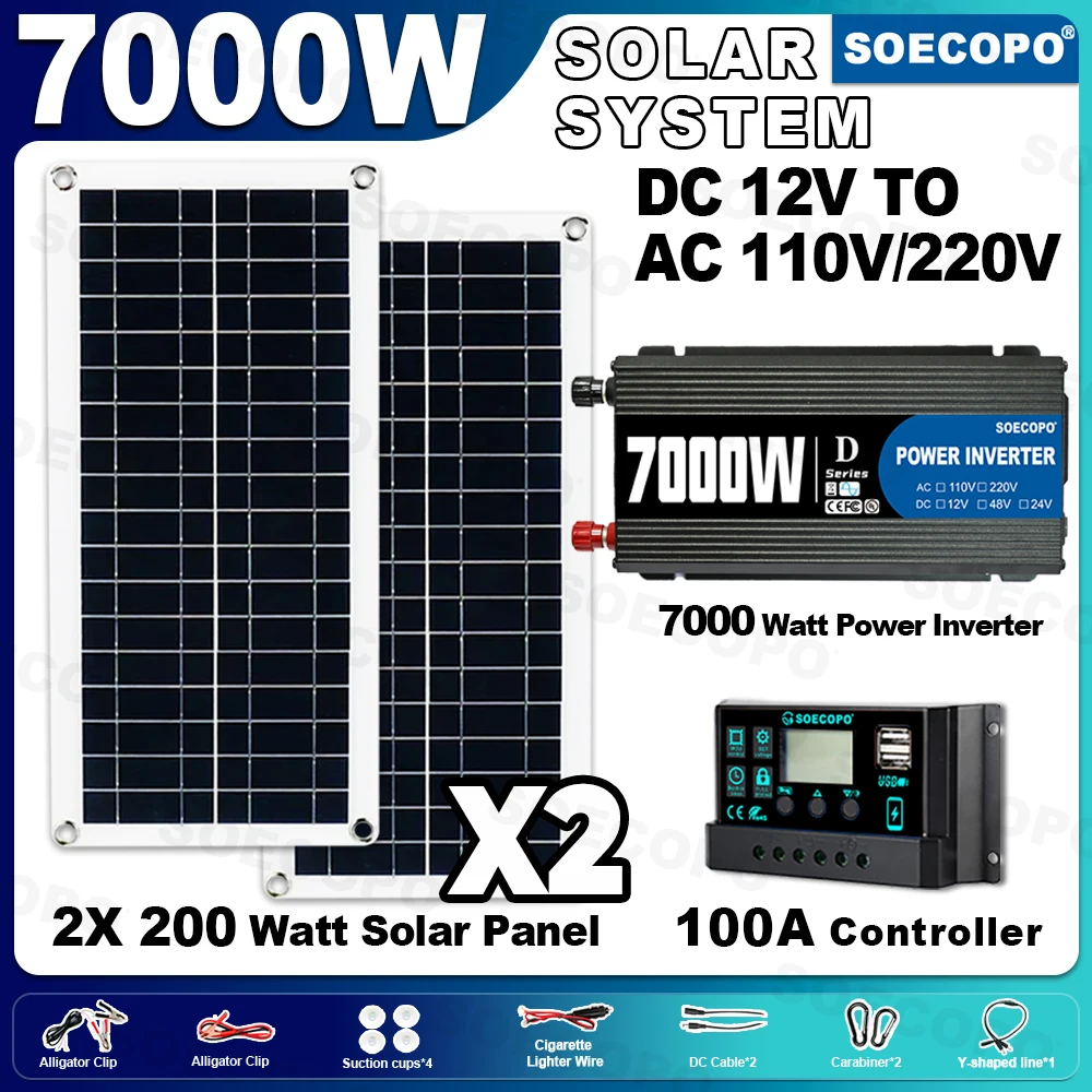 

SOECOPO 7000W Solar System Kit Complete With 2*200W Solar Panels Camping DC 12V - AC 110V/220V Inverter 100A Controller Home