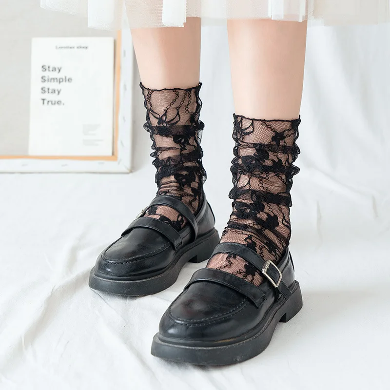 Black Floral Mesh Lace Medium Socks Women's Sexy Hollow Stockings Japanese Lolita Charm Girls White Princess Hosiery Sox