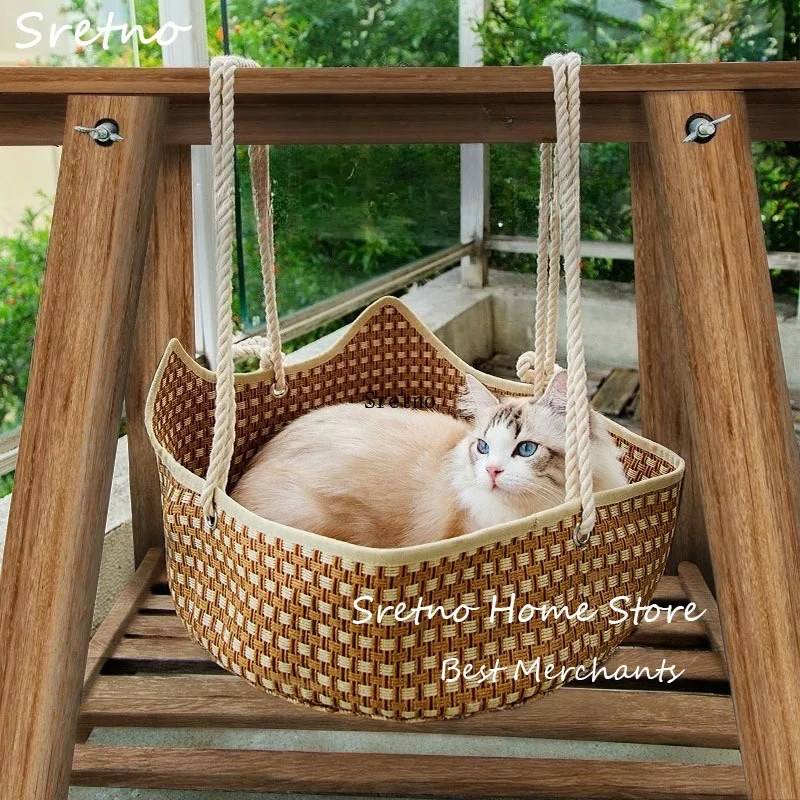 

SRETNO Spring and Summer Cats Cool Mats Cat Beds Handmade Grass Woven Cat Mats Hammocks Pet Beds Rattan Woven Cat Bed cama gatos