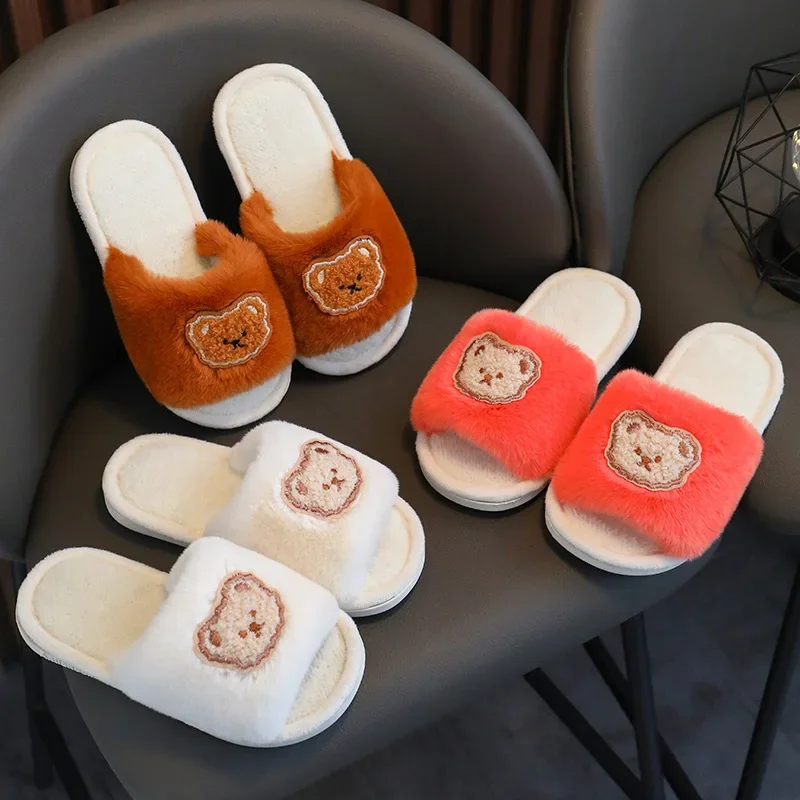 New Winter Kids Plush Slippers Children\'s Indoor Slides Non-Slip Soft Mule Girls Boys Warm House Cotton Shoes