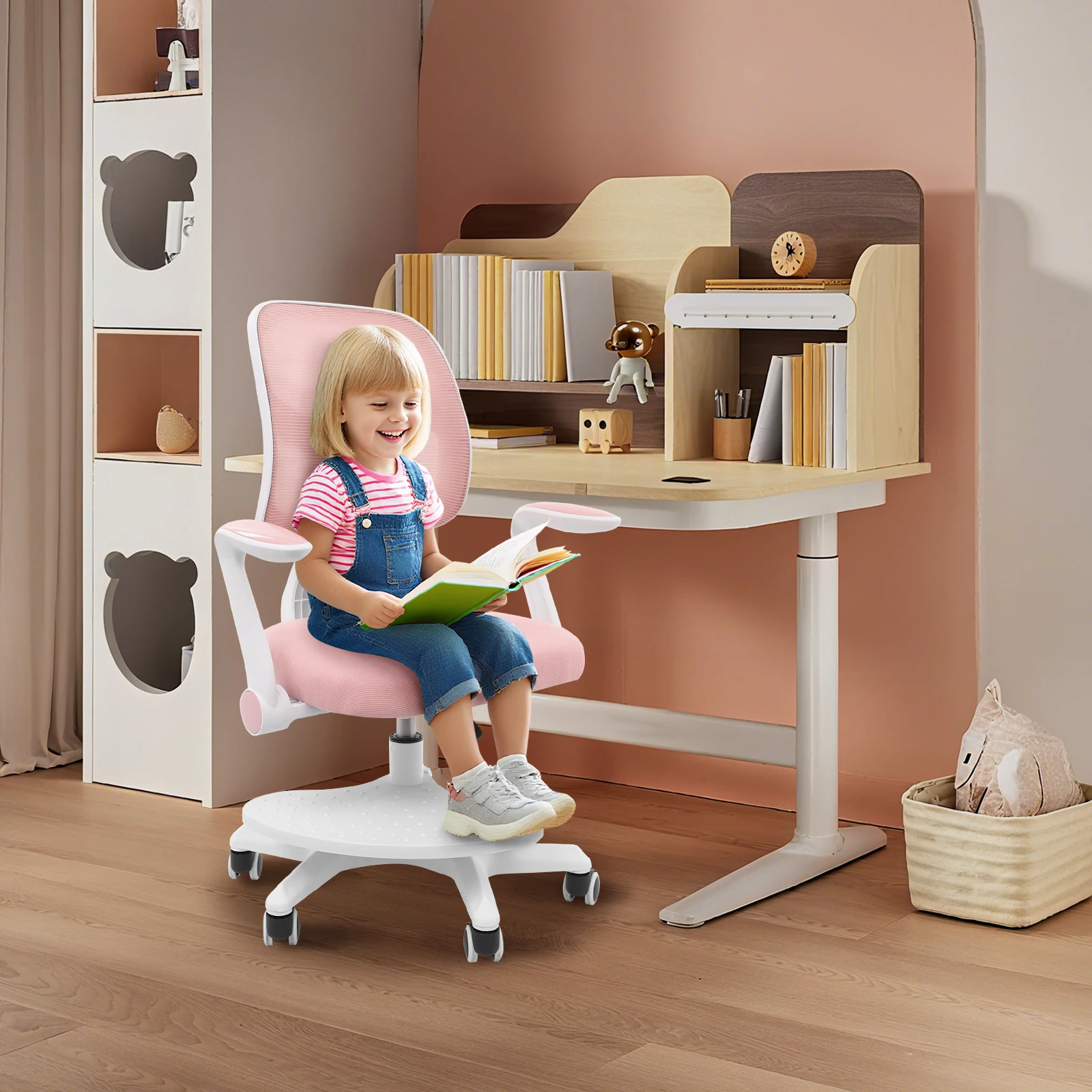 Cadeira de mesa ajustável infantil (rosa), altura e suporte traseiro com apoio para os pés/repos de braços giratórios 40-52cm Altura do assento 158kg de carga