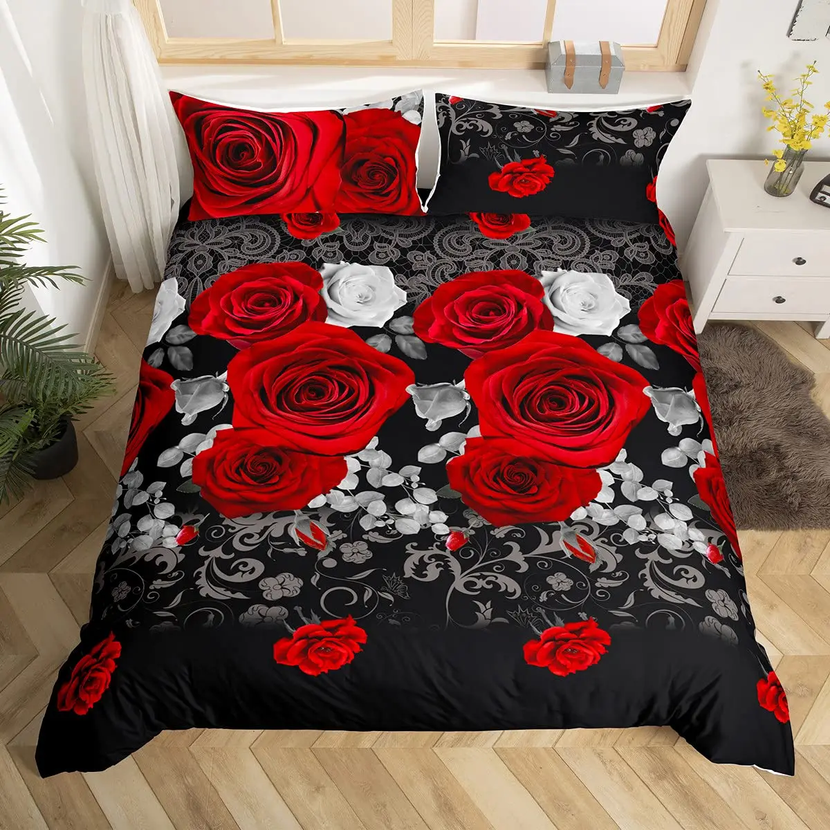 

3D Rose Duvet Cover Set Queen Microfiber Red And White Floral Bedding Set Romantic Flowers Comforter Cover Valentine's Day Gift