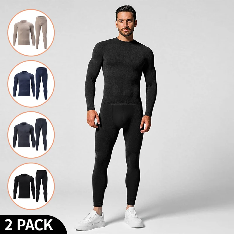 

2-piece Autumn And Winter Men's And Teenagers' Solid Color Mid Neck Fashionable Base Shirt Comfortable And Versatile Warm Suit