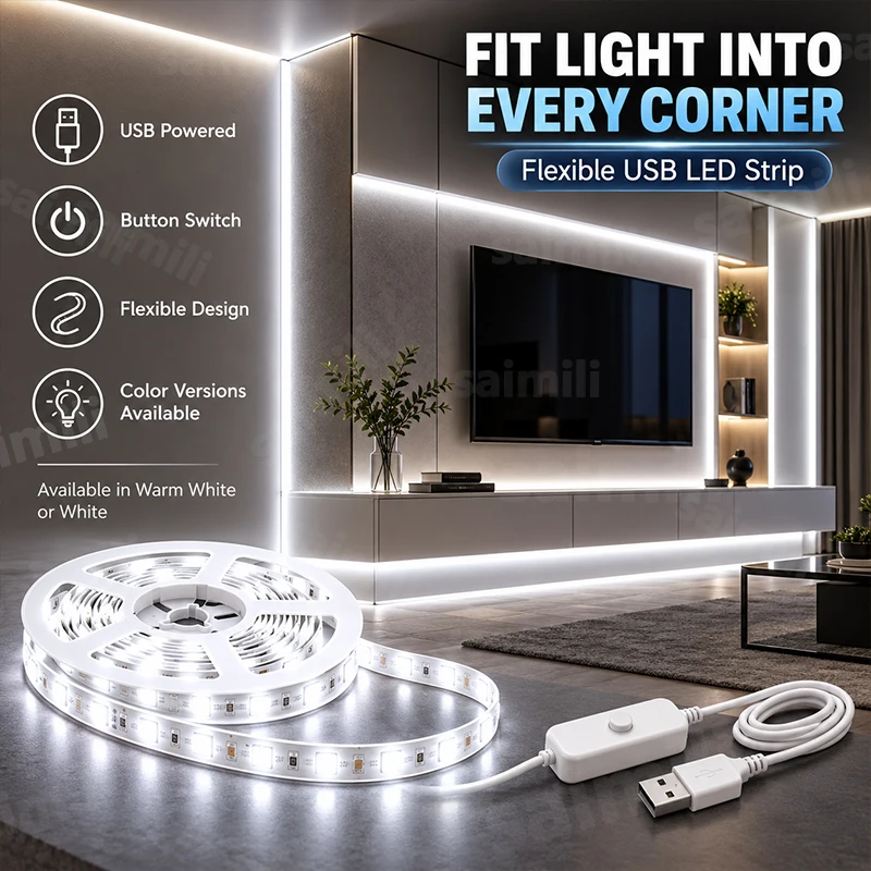 LED Strip Light 2835 USB Button Switch Easy Installation Bendable Flexible Cut to Size For Kitchen TV Backlight Shelf Home Decor