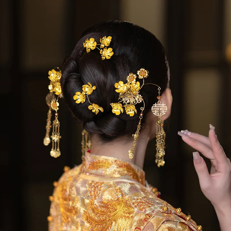 دبوس الشعر الذهبي مشبك الأذن غطاء الرأس الزفاف Xiuhe شيونغسام وثوب هان الملابس الصينية إكسسوارات الشعر مزاجه بسيط