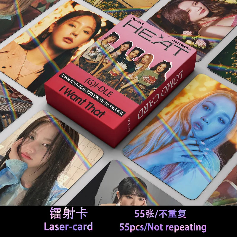 

55pcs/Set KPOP (G)I-DLE Laser HEAT Lomo Cards HD High Quality Printed Photo Card Minnie Cho Mi Yeon YUQI SHUHUA Fans Gift