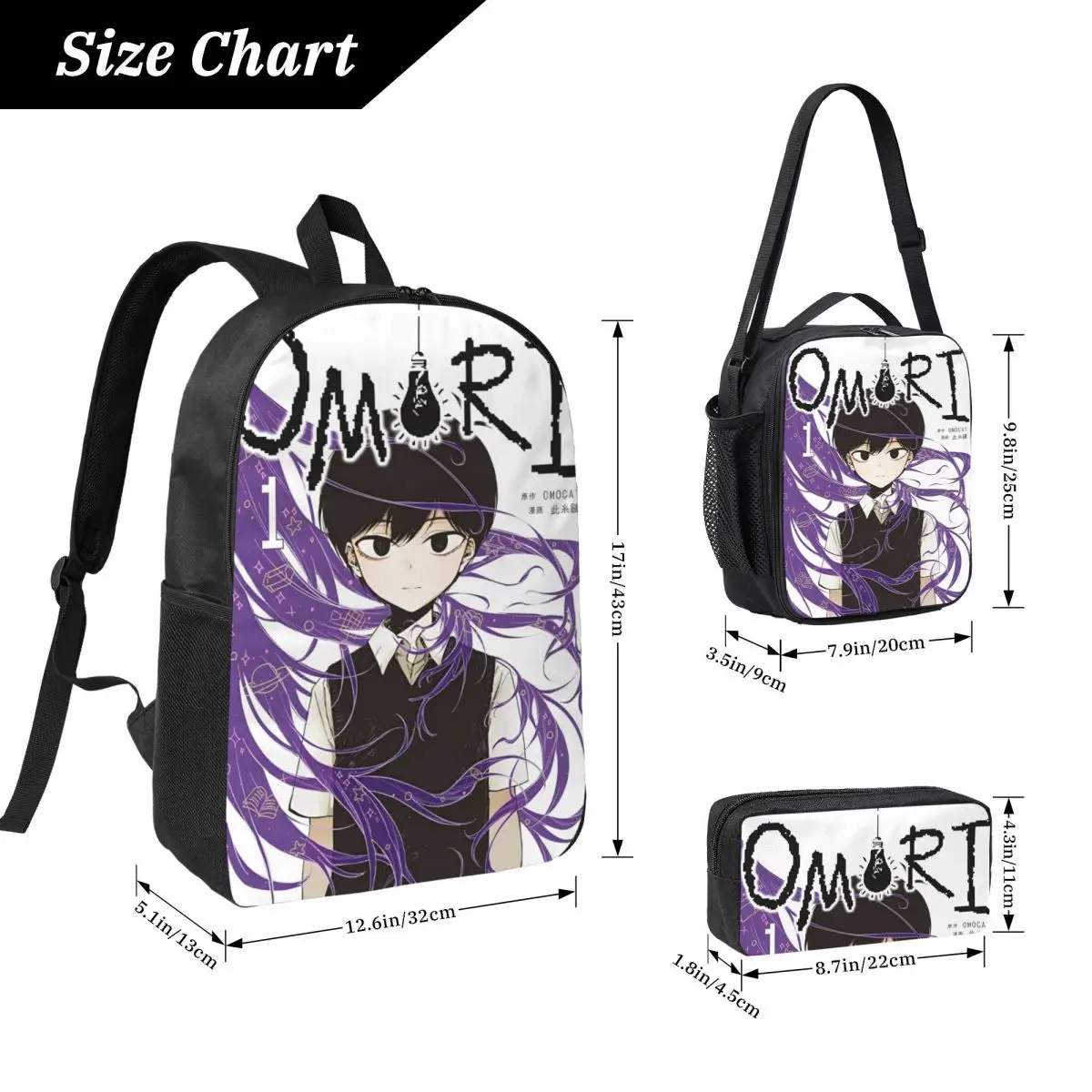 3Pcs Omori Funny Video Games Backpack Set for Children Pen Bags Bookbag Sets with Lunch Box For School Students Daypack