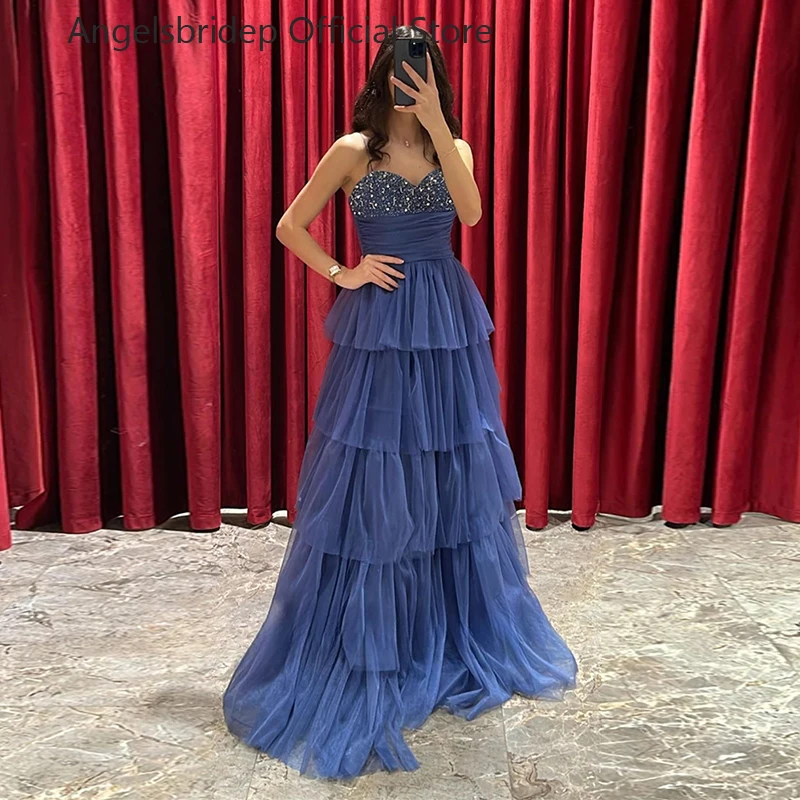 

Angelsbridep Gorgeous Tiered Tulle Prom Dresses Sweetheart Beaded Crystals A-Line Evening Party Dresses Long Beach Prom Gowns