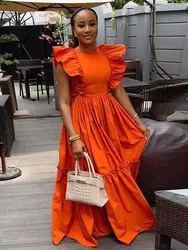 Long Summer Knitted Dress Ruffle Sleeves Casual Orange Dress Women Elegant Luxury Ladies Straight Dresses Wholesale Dropshipping
