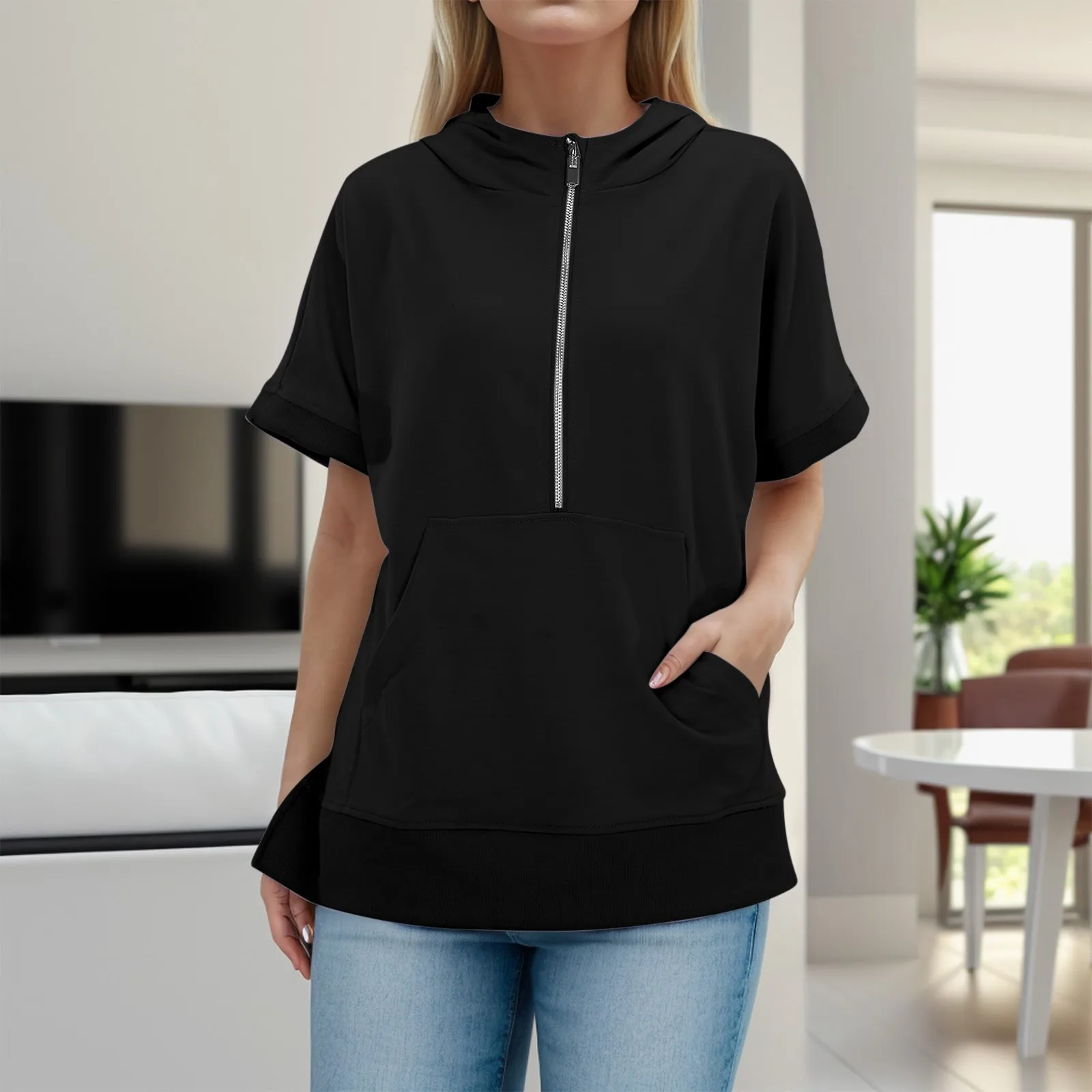 

Casual Style Pullover Stylish Women's Fashion Casual Solid Zipper Hooded Pocket Short Sleeved Hoodie Cute Hoodie Sports Tops