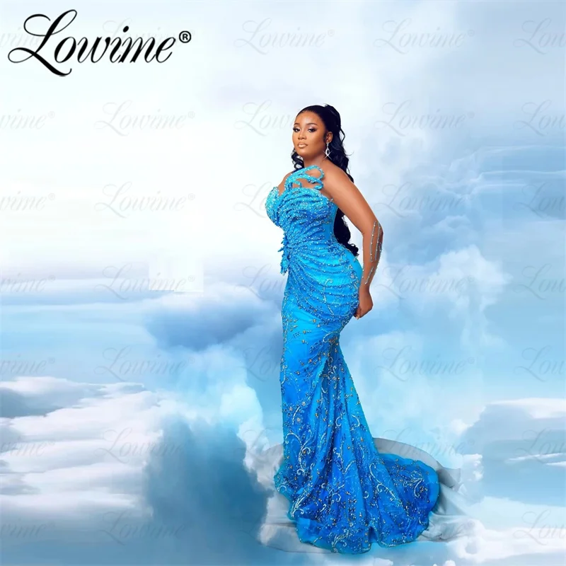 Luxury Blue Arabic African Long Mermaid Evening Gowns Full Sleeves Beaded Crystals Formal Party Dress Custom Made Prom Dresses