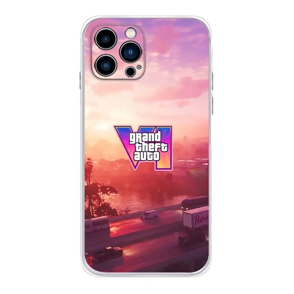 حافظة هاتف GTA 6 Game Grand Theft Auto لهاتف iPhone 16,15,14,13,12,11 Plus، Pro، Max، XR، XS، Plus، E، غطاء ناعم شفاف صغير