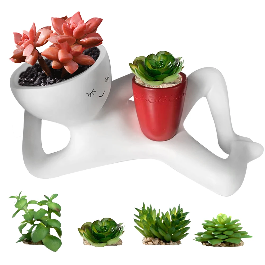 Pessoa relaxante segurando pote plantador com furo de drenagem plantador crespo ornamento resina engraçado pote suculento decoração de escritório em casa