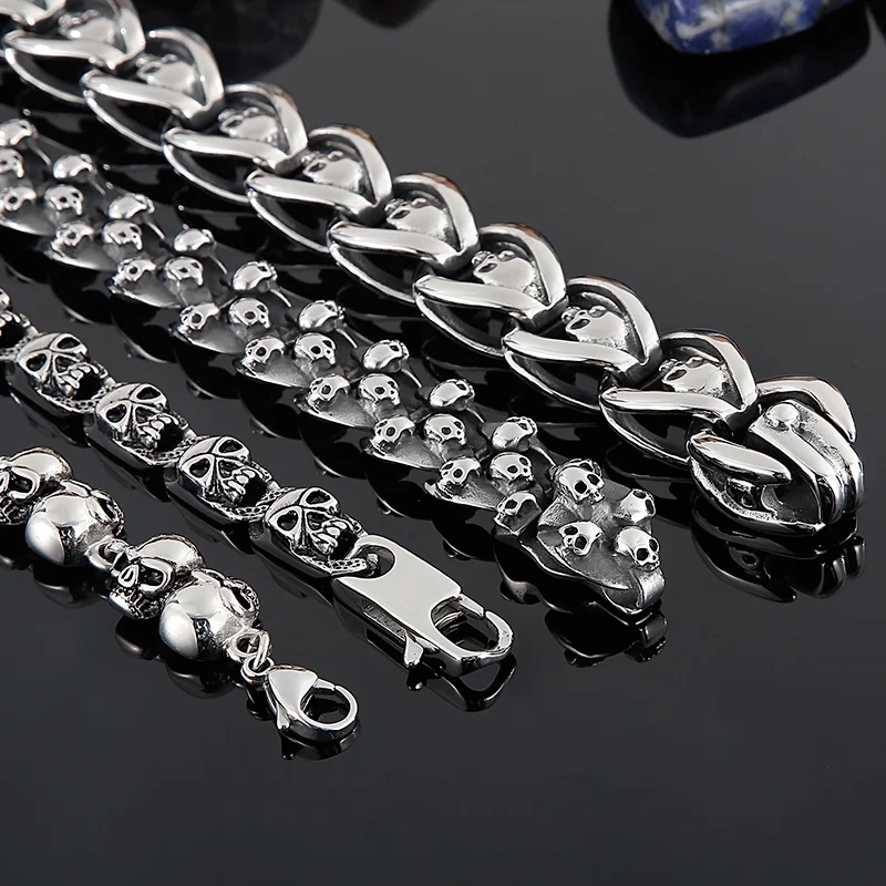 Fongten 21cm Skull Bracelets For Men Stainless Steel Chian Wristband Male Bangle Bracelets Gothic Skeleton Silver Color Jewelry