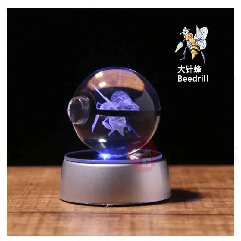 

Anime Pokemon Beedrill 3D Crystal Ball Pokeball Anime Figures Engraving Crystal Model with LED Light Base Kids Toy ANIME GIFT