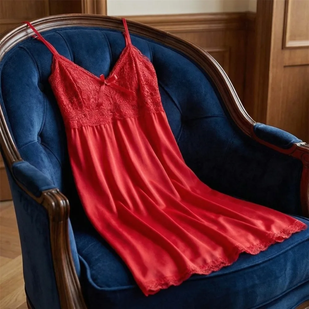 

Женская тонкая кружевная ночная сорочка с бантом, на бретельках, с V-образным вырезом, без рукавов, облегающая, на тонких бретелях