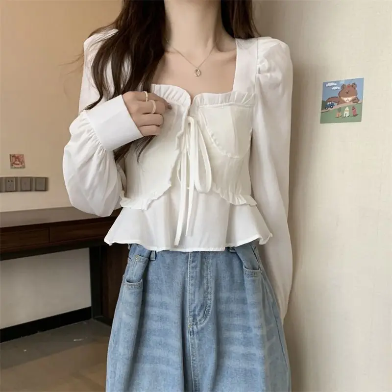Spliced   tied Square Collar Long-sleeved Shirt for Women Spring Autumn New Design Versatile Short Style Unique