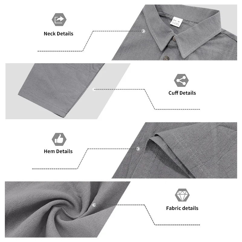 Leinen-Hemd mit Stehkragen und Knopfleiste, Herren Locker Sitzendes Atmungsaktives V-Ausschnitt Langarm-Polohemd – Detail 27