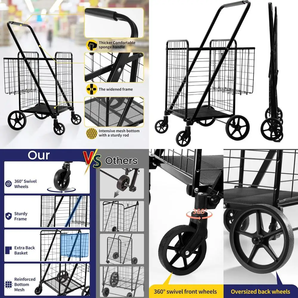 

Сверхмощная складная корзина для покупок с углом обзора 360° ° Поворотные колеса, грузоподъемность 450 фунтов, большая корзина для хранения продуктов