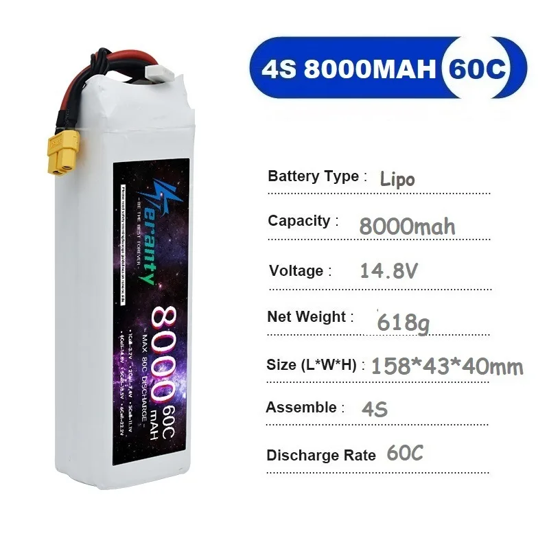 TERANTY 14.8V 4S 8000mAh Lipo Battery 60C with DEANS T XT60 XT90 Plug for RC Car Boat RC Drone Helicopter Airplane Truck Truggy