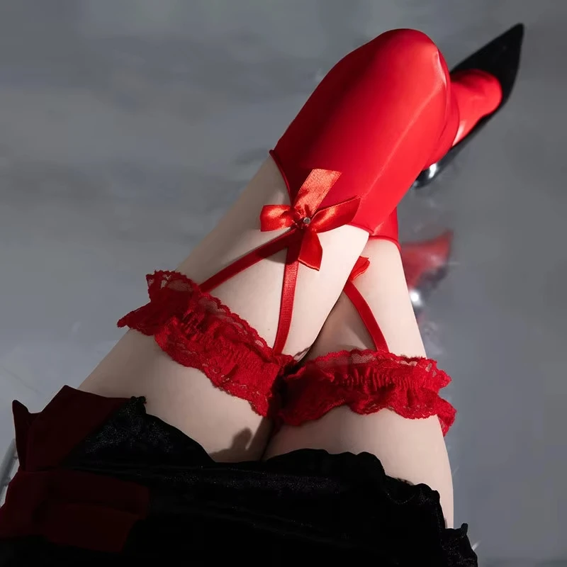 

Women Thigh High Sexy Stockings JK Lolita Japanese Style Lace Bow Horse Oil Stockings With Suspenders Party Over Knee Medias