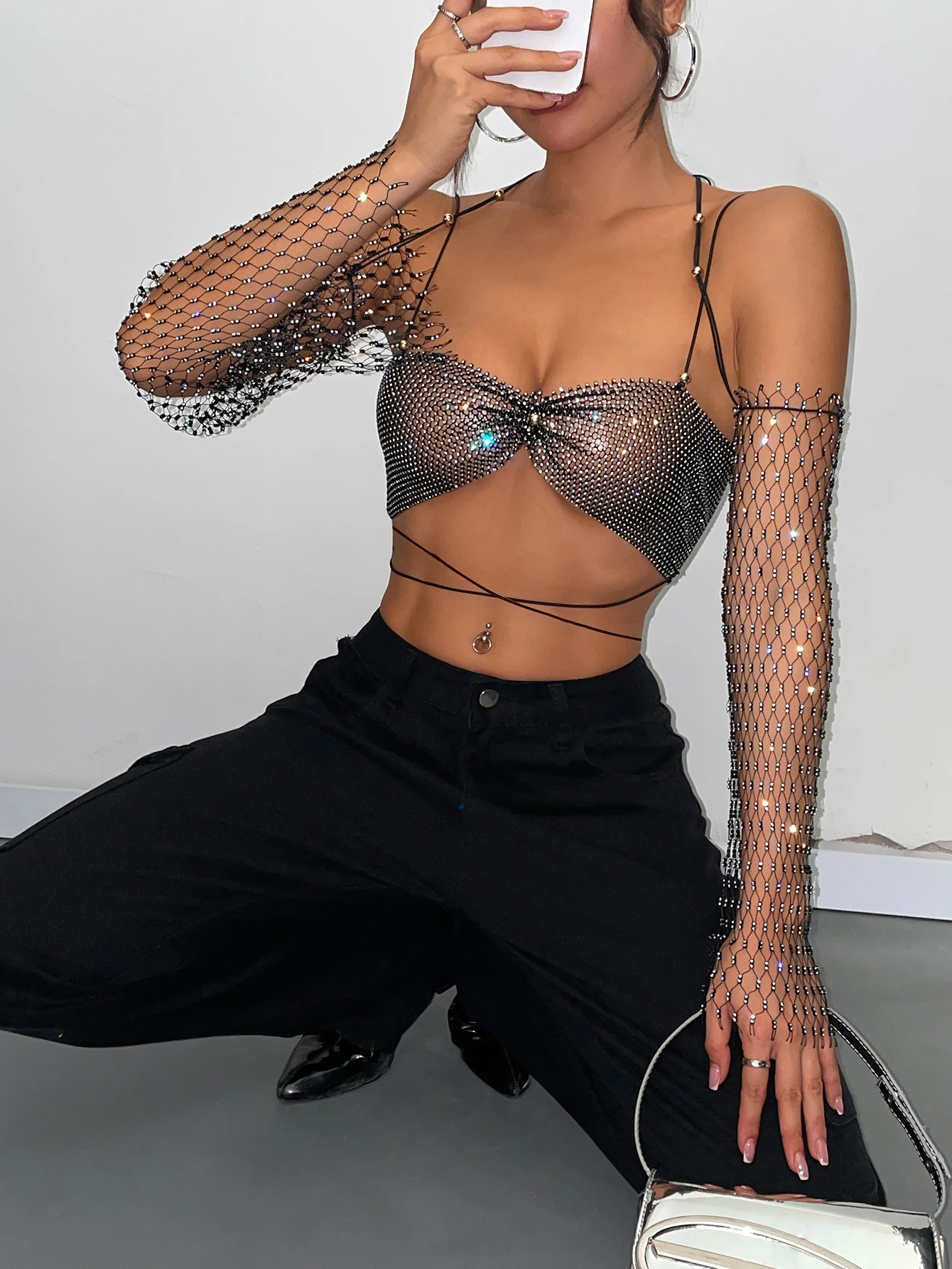 Sexy Mesh Rhinestone Sling T-Shirt For Women Fashion See Through Hollow Fishnet Backless Long Sleeve Crop Top Party Club Tee