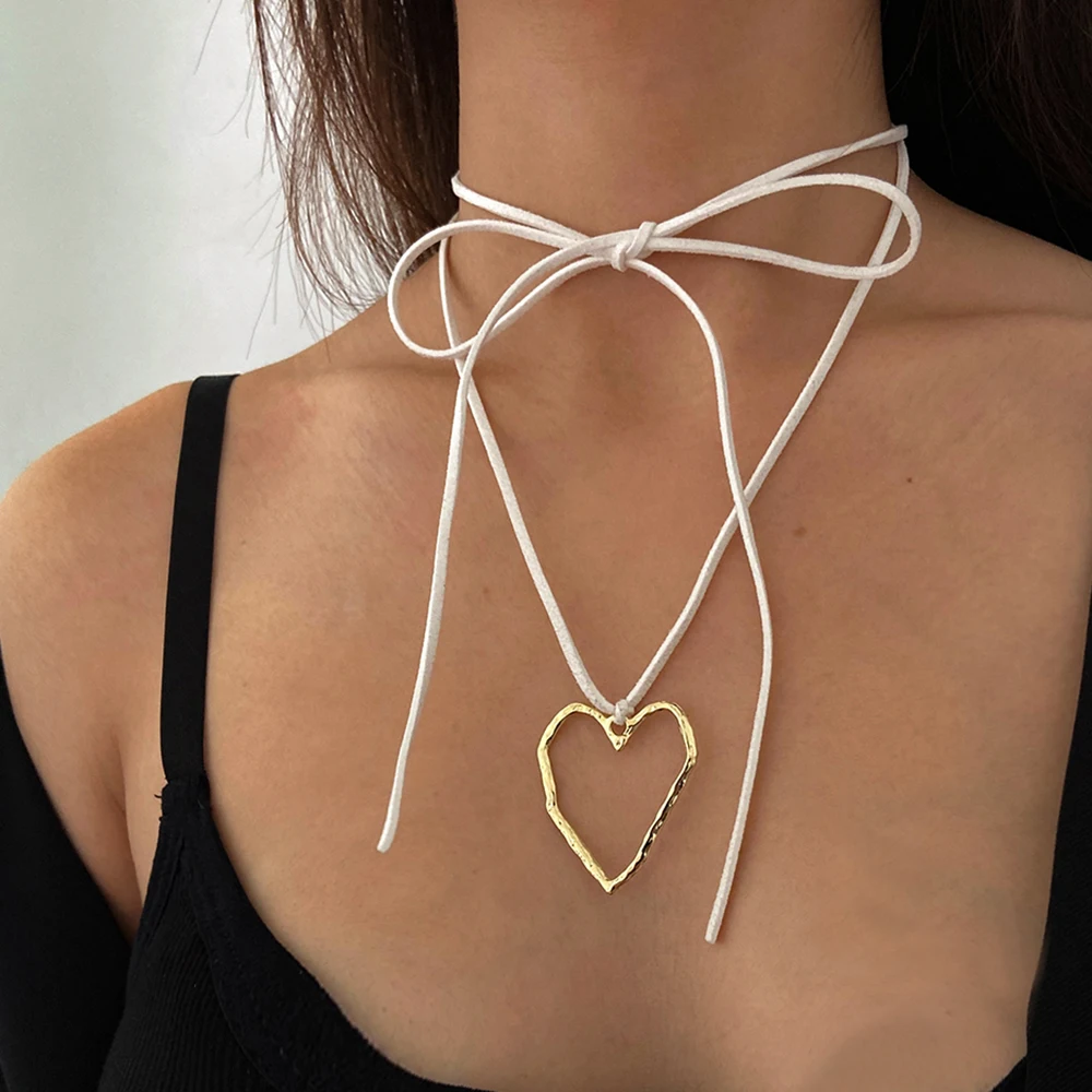 Summer Leather Chain Large Abstract Heart Pendant Colar Long Suede Leather Necklace Jewelry Gift For Woman&Me