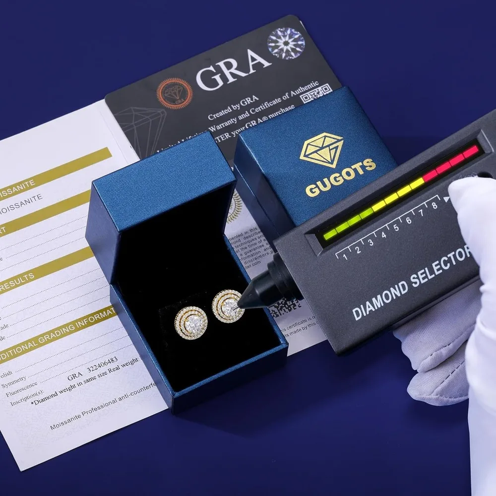 أقراط مويسانيتي مزدوجة هالة برغي خلفي من الفضة الإسترليني المطلية بالذهب عيار 18 قيراط - أقراط مويسانيتي كبيرة الحجم للنساء