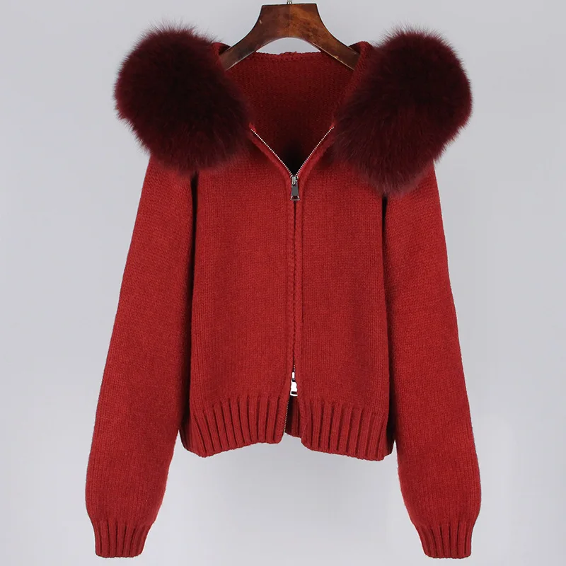 OFTBUY 2023 Fashion Autumn Winter Casual Hooded Real Fox Fur Collar Fashion Short Knitted Jacket with Natural Fur Coat for Women