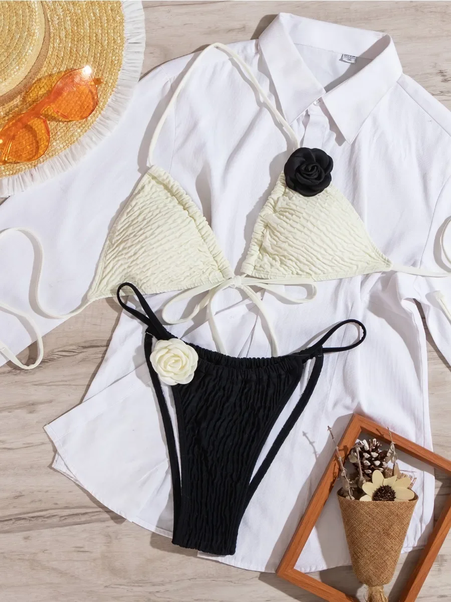 

2025 Новый однотонный лоскутный купальник из 2 предметов для женщин, сексуальный мини-треугольный Холтер с открытой спиной, стринги, комплект бикини, пляжный купальный костюм