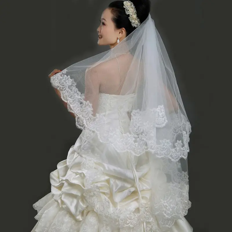 

652F Elegent White Lace Appliques Wedding Veil without Comb Bride Long Cathedral Single Layer Soft Tulle Hair Accessories