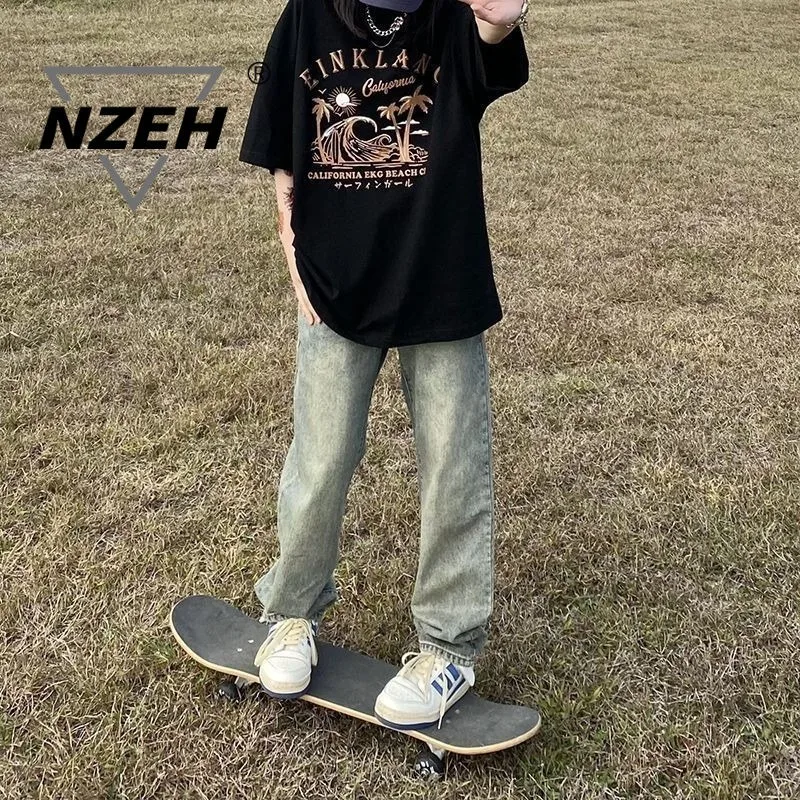 high quality American Style High Street Old Embroidered Jeans Men's Trendy Brand Street Loose Straight Long Pants