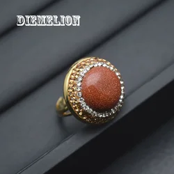 Natural Gold Sand Stone Rings Round Shape Gold Plated Open Adjustable Stone Ring for Women Men Unusual Jewerly