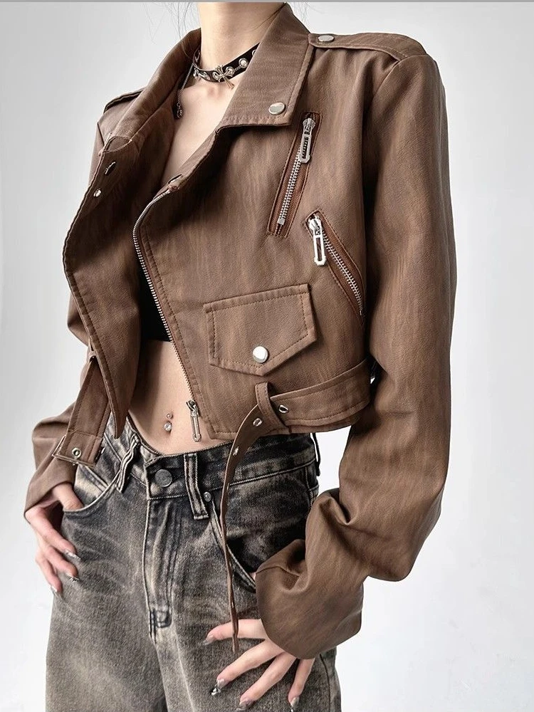 Punk Brown Cropped Leather Jacket Women Outwear Zipper Moto Biker Leather Jacket Casual Chic Design High Street Leather Coat New