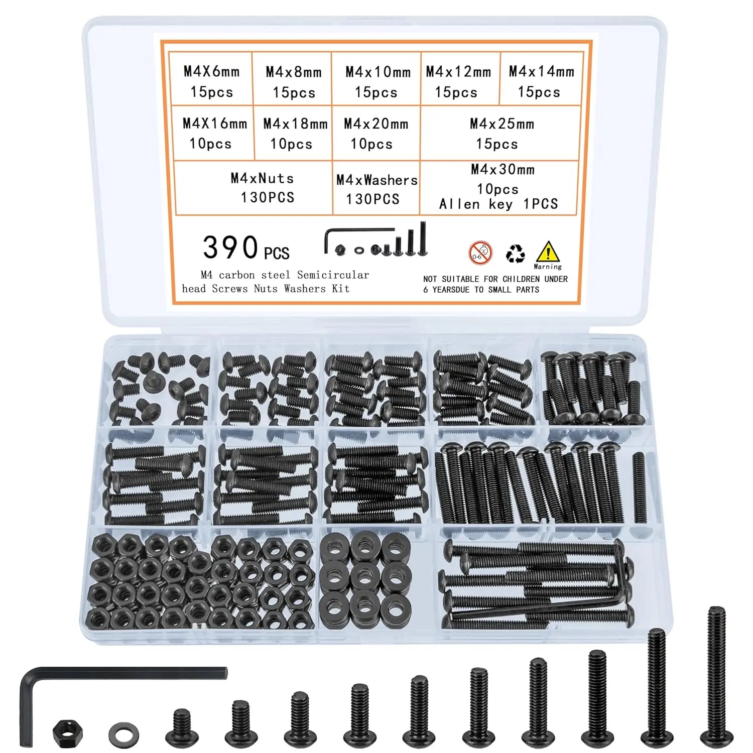 

390 pieces M4 screw combination, M4 bolt and nut sets, hex socket button head screw and nut and washer sets, metric machine scre